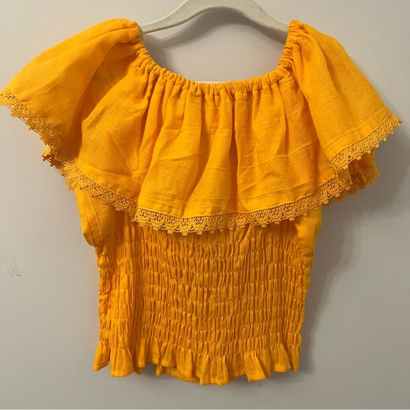 Gold and Red Smocked Flutter Sleeve Blouse - Picture 7 of 13